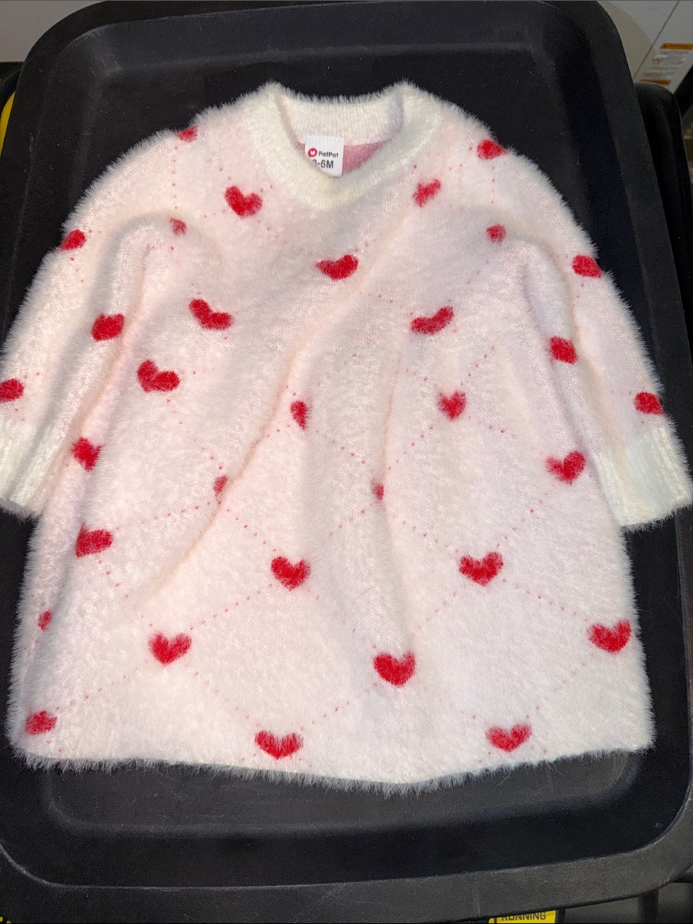 PatPat White Fuzzy Knit Dress with Red Heart Pattern
